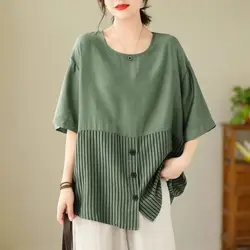 Korean fashion Summer New Women's O-Neck Striped Button Patchwork Simplicity Casual Versatile  short Sleeve Loose shirt Tops