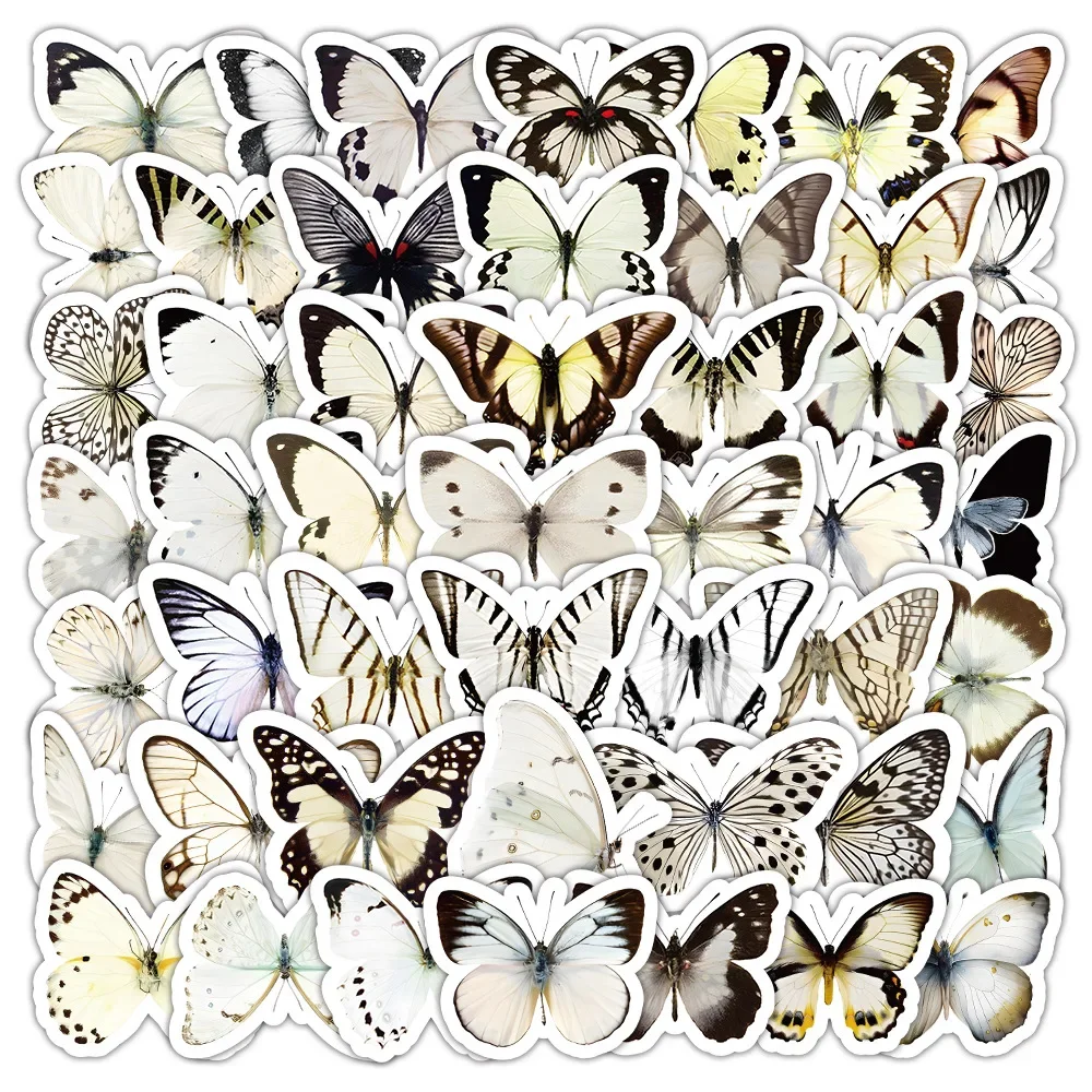 10/52Pcs Vintage Aesthetic White Butterfly Stickers Pack Suitcase Stationery Skateboard Guitar DIY Sticker Journal Accessories