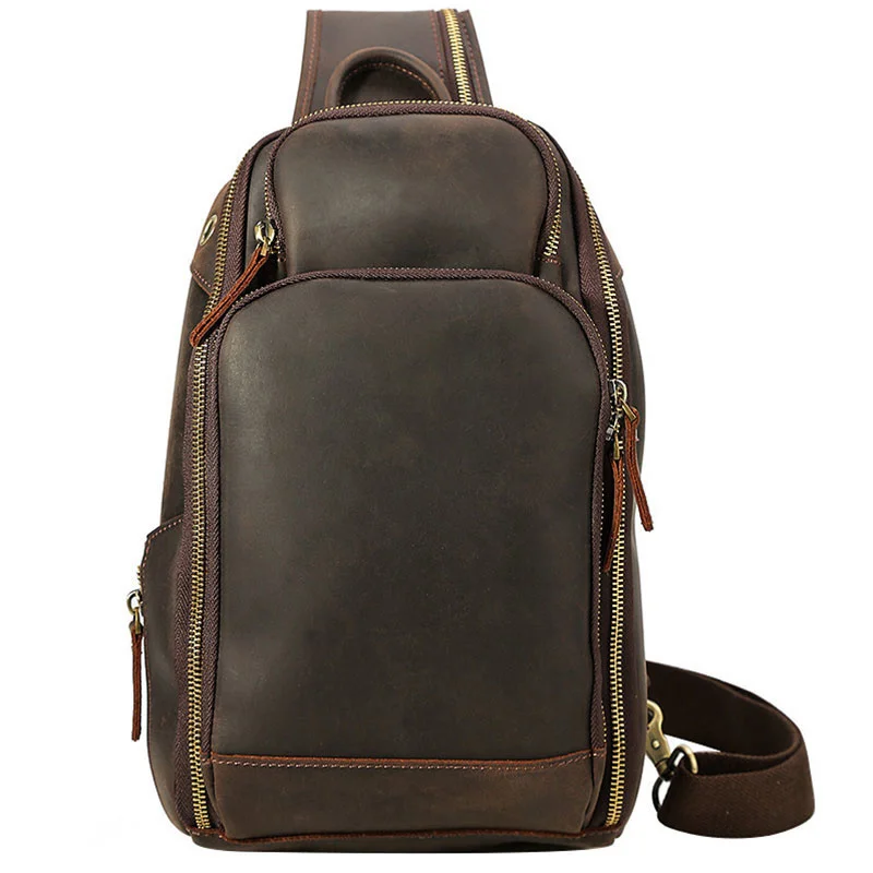 New Arrivals Mens Leather Chest Bag Single Shoulder Backpack Packs Genuine Crosbody With USB Cable