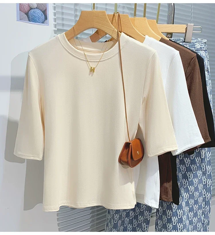 zjaiss 2026 Frühling Herbst Baumwolle Damen T-Shirt Modisches Basic Rundhals-Shirt Einfarbiges Damen Kurzarm-Oberteil – Detail 6