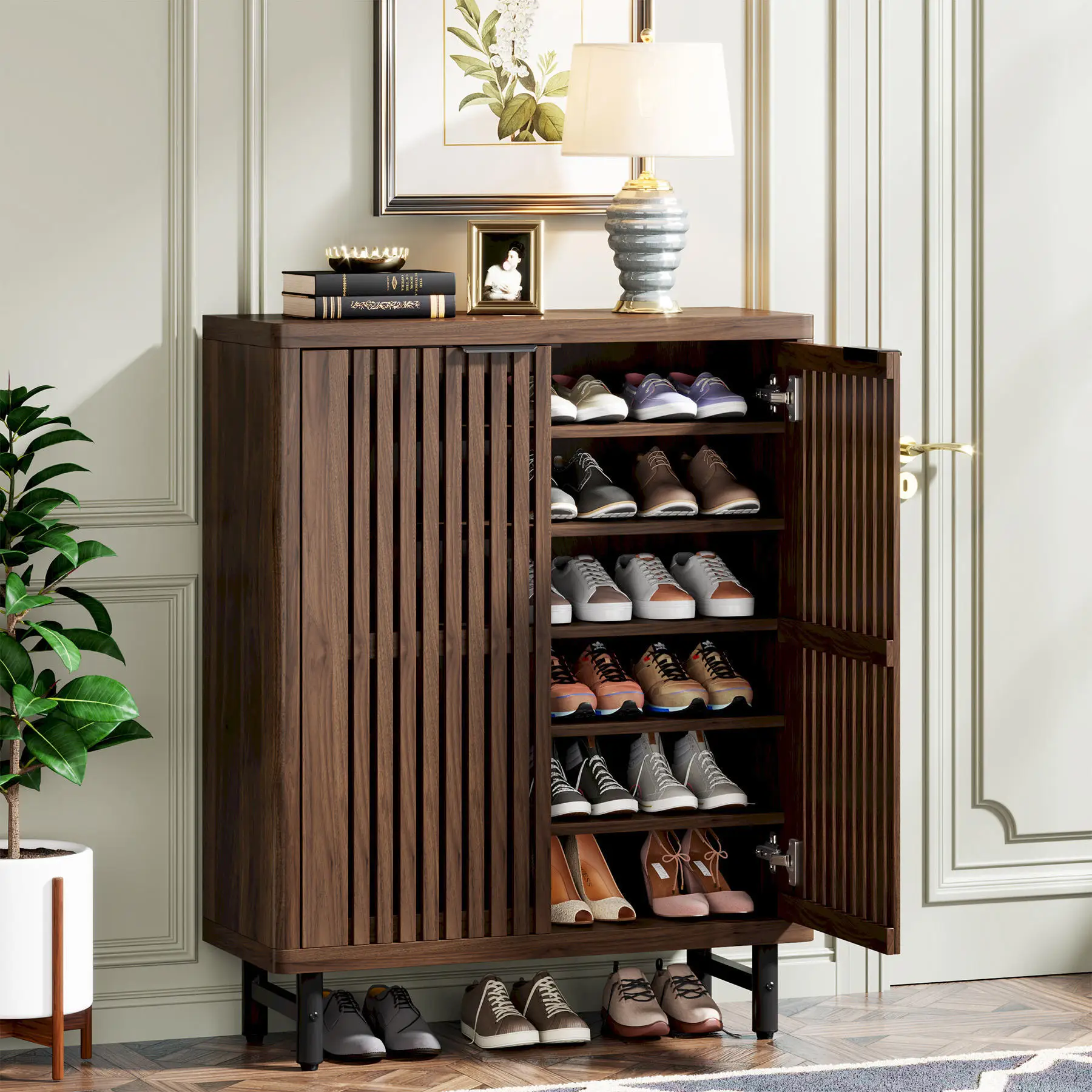 sc-Shoe Cabinet Shutter Doors Large Wooden Shoe Organizer Rack Adjustable Shelves Modern Convertible Home Furniture Storage