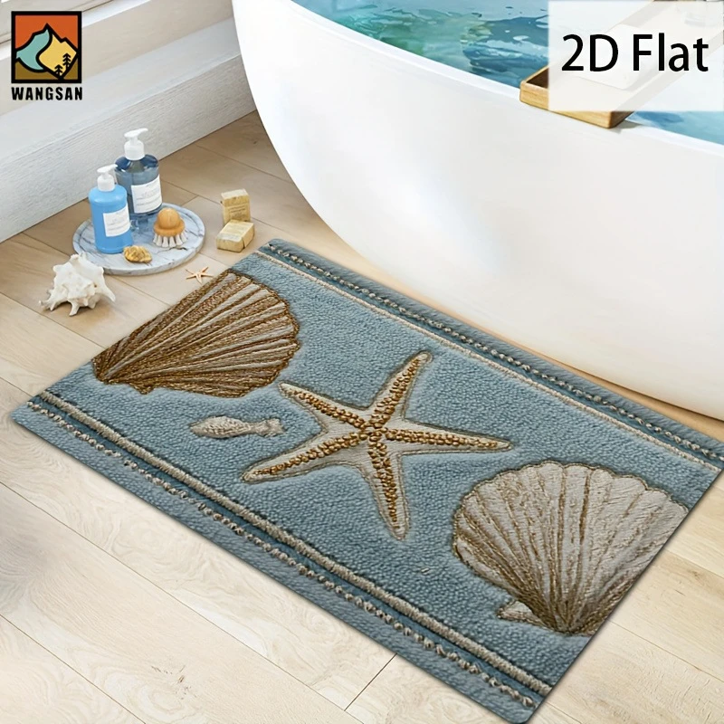 VIKAMA Blue Starfish Seashell Coastal Beach Nautical Embroidery Art Flannel Door Mat Non Slip Entryway Bedroom Living Room Home