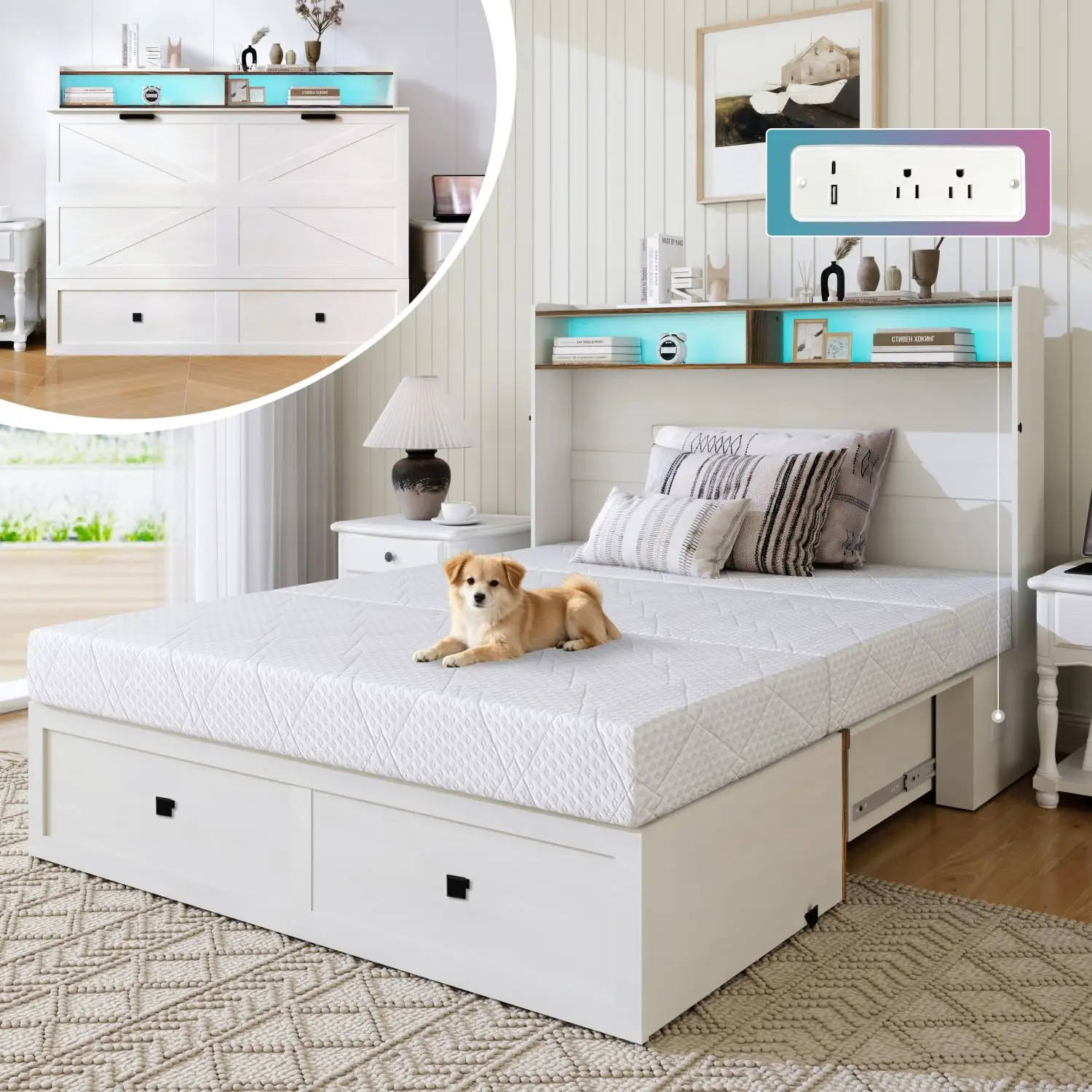 Murphy Wall Bed with Mattress LED Lights Storage Queen, Customized