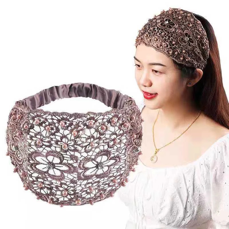 Pearl Lace Embroidered Hairband Hollow Thin Wide Brim Lace Hair Headband For Women Breathable Headgear Accessories