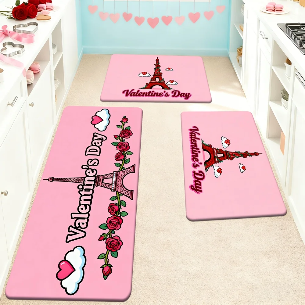 VIKAMA Valentinstag Romantischer rosa Teppich Fußmatte Willkommensmatte Fußmatte Küchenteppich Teppich für Wohnzimmer Teppich für Schlafzimmer Home De