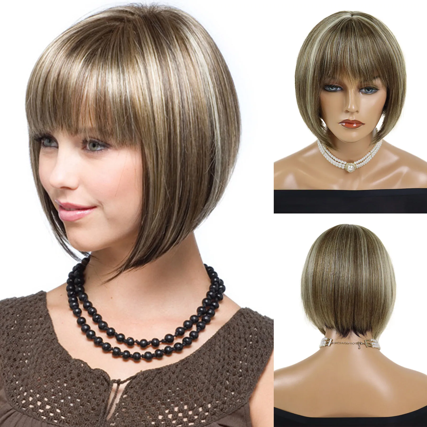 

Короткий парик с челкой, синтетические прямые волосы, смешанные коричневые парики для женщин, натуральный мягкий женский парик для мамы, повседневный косплей, вечеринка