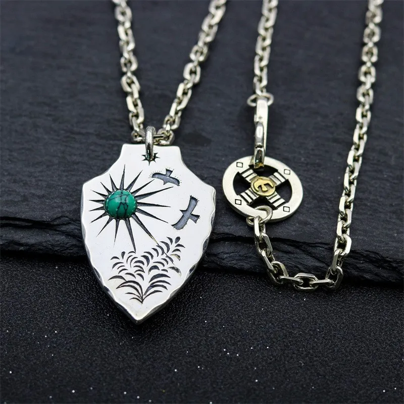 

2025 Fashion Takahashi goros goro silver vintage craft turquoise eagle shield pendant men's and women's necklaces