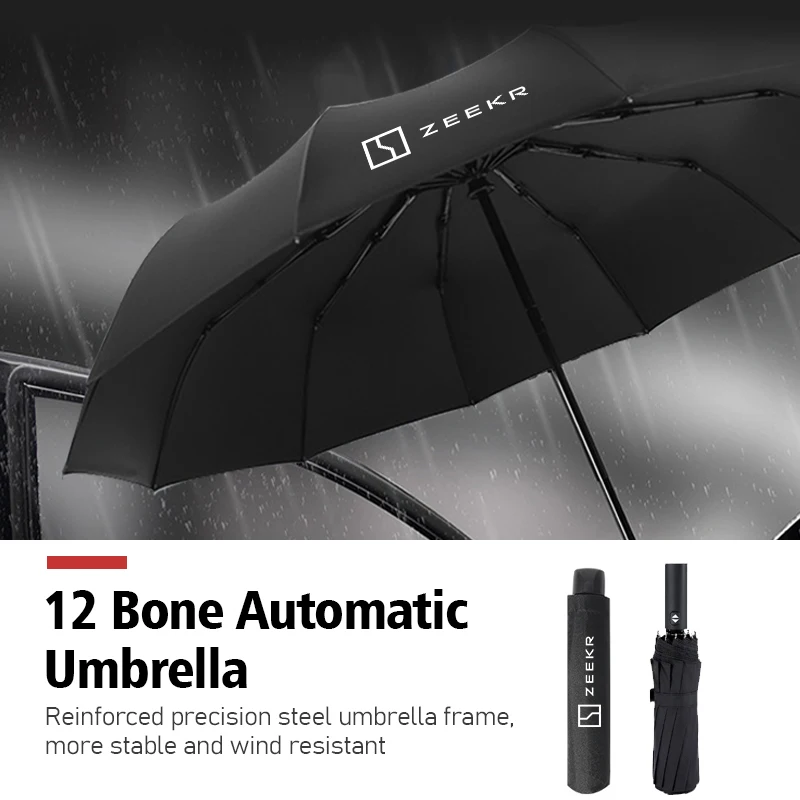 12 Bone Car Windproof Rainproof Reflective UV Black Umbrellas For Zeekr 001 EV 2021-2023 009 X 2021 2022 2023 Krypton