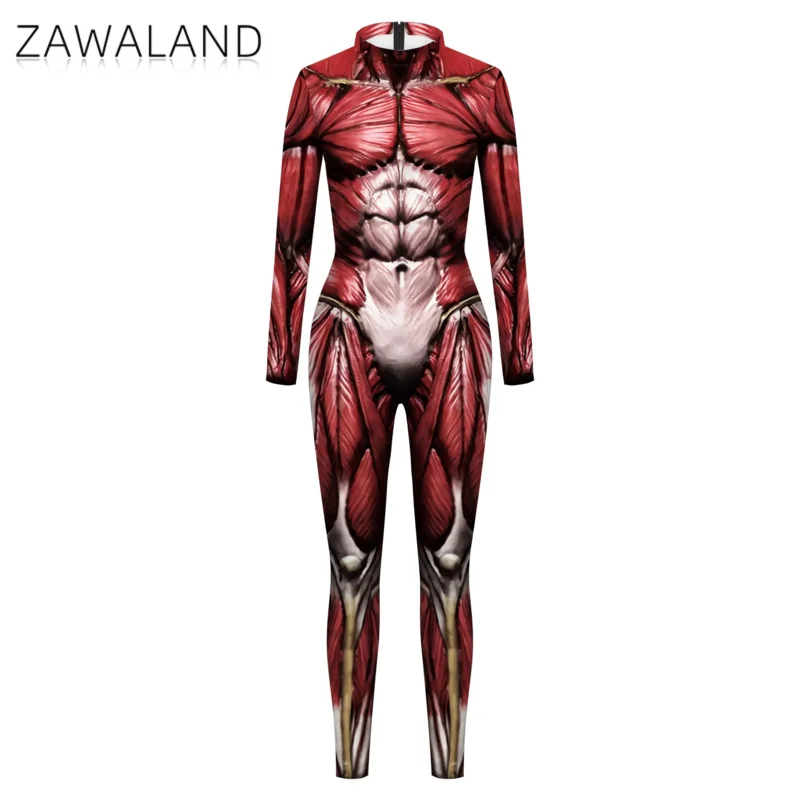 Kostium Cosplay Purim Muscle 3D Print Męskie kombinezony z długim rękawem Halloween Karnawał Występ Zentai Catsuit Strój body