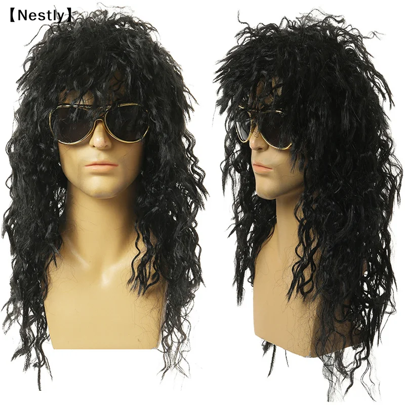 Image of Herren-Perücke, lang, lockig, schwarz, synthetische Cosplay-Perücken, flauschig, aus Kunstfaser, für Rock-Partys, flauschige Nachtclub-Bar-Perücke〔Nest〕