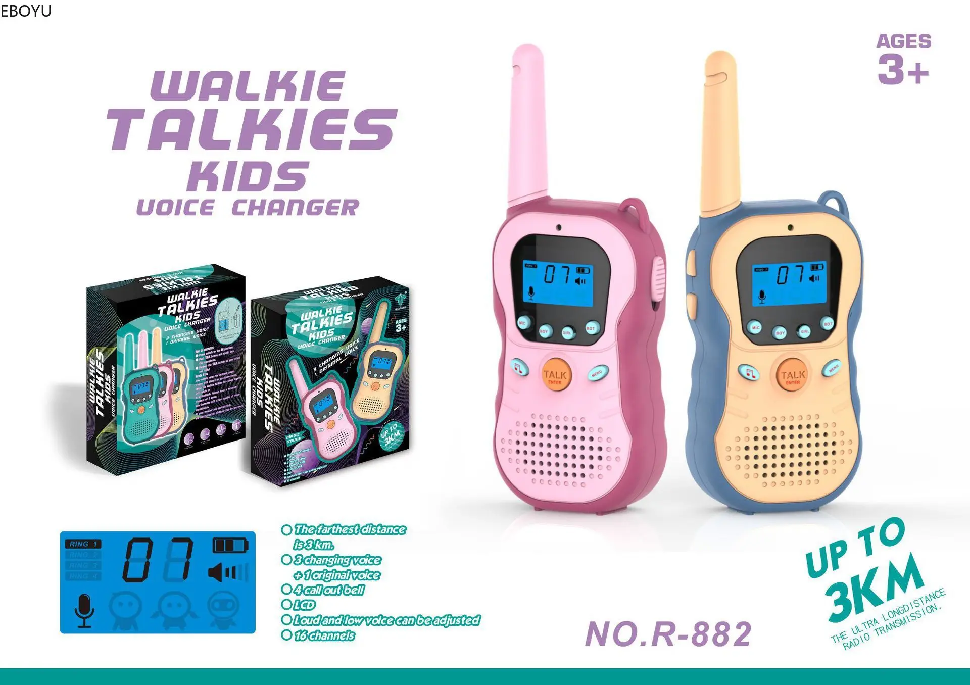 EBORUI 881 Walkie Talkies for Kids Voice Changer 16 Channels 2 Way Radio Toy Backlit LCD 3KM Range for Outside, Camping, Hiking