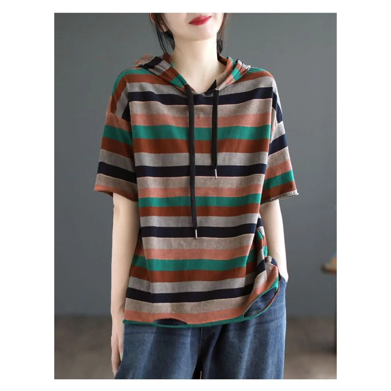 Women Summer Vintage Fashion Large Size Hole Striped Loose Short Sleeve Tee Shirt Ladies Casual Lacing Fashionable Hoodies