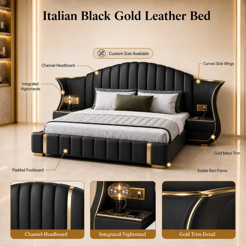 Luxury Italian soft bed frame with high metal headboard and black gold leather upholstery