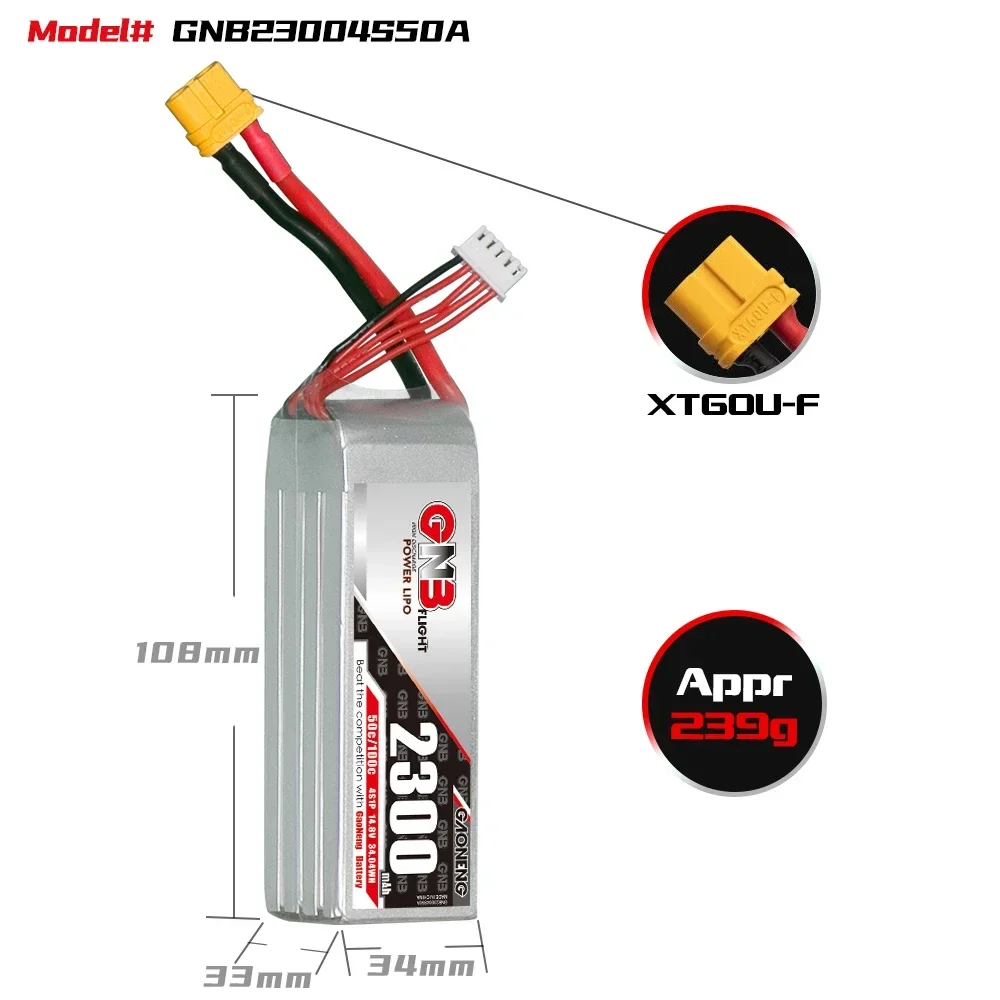 GAONENG 2300mAh 50C 2S/3S/4S/6S 7.4V/11.1V/14.8V/22.2V akumulator LiPo ze złączem XT60/T do części dronów wyścigowych FPV RC