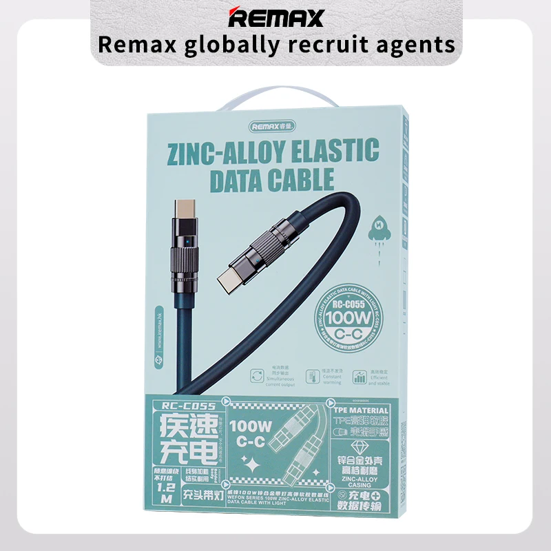 Remax 100W Zinc-alloy Elastic Data Cable with Indicator Light C-C Super Fast Charging Type-C to Type-C For Phones/Laptop/Tablets