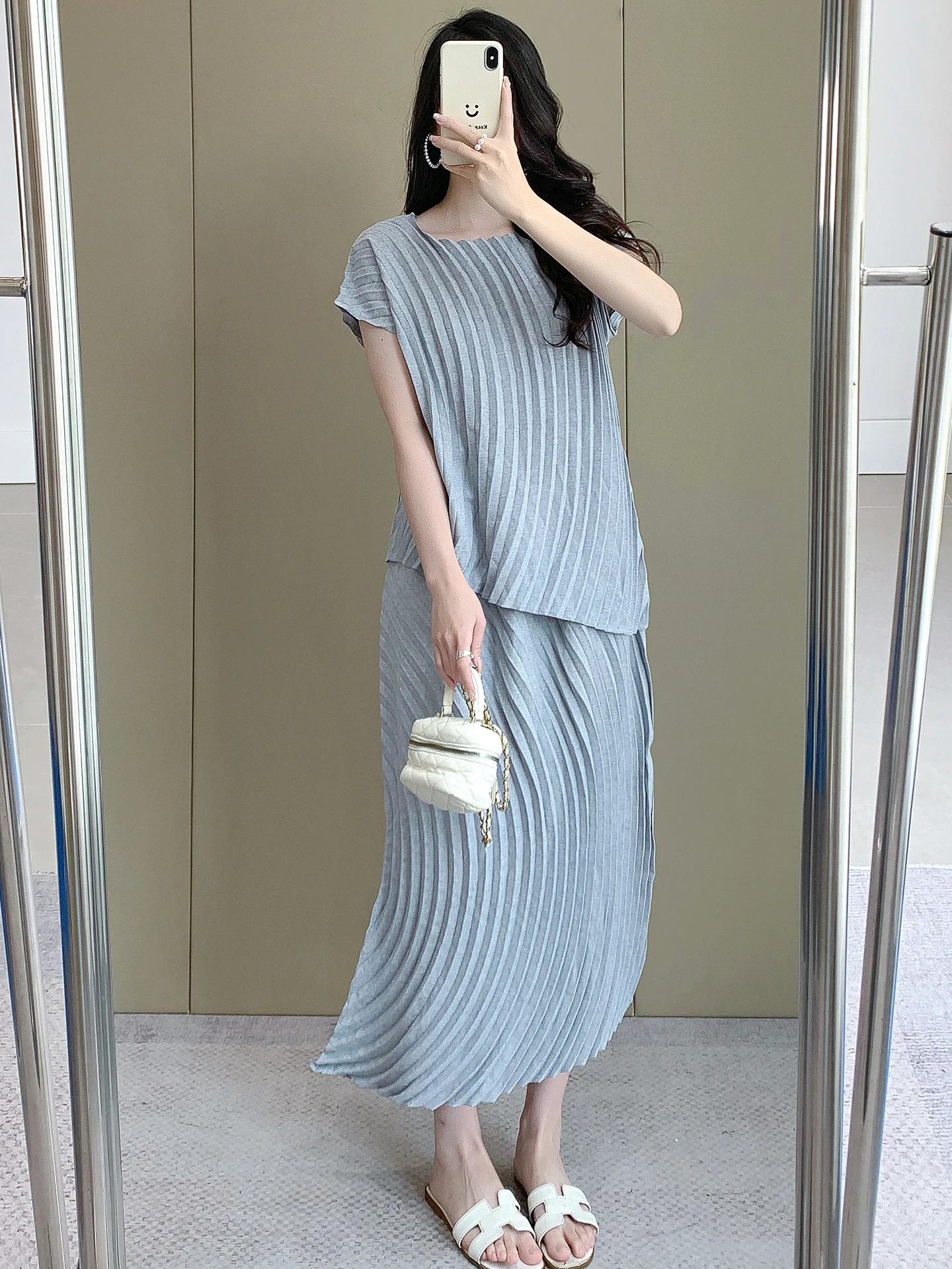 

Chic Pleated ort Sve Set for Women Beautiful Slimming f Skirt Summer New Sle Commute Briti Sle High Waist Casual