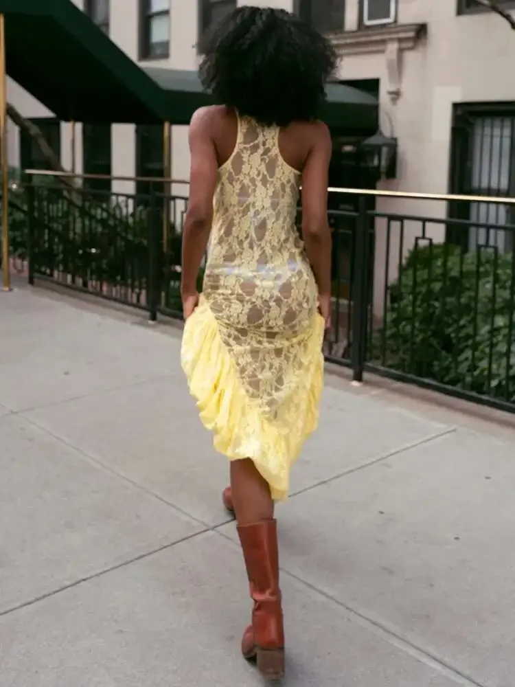 Nieuwe Kant Zien Door Ruffle Sexy Midi Jurk Vrouwen Jurk Zomer Mode Hoge Taille Slanke Dij Hoge Split Elegante Lange Jurk