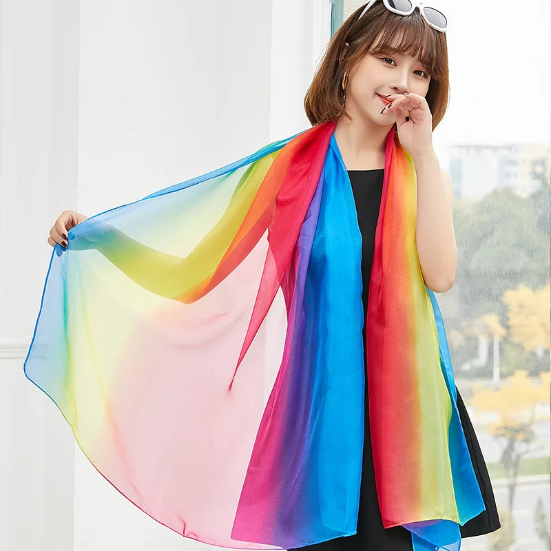 Chiffon Rainbow Kleurrijke Sjaal Vrouwen Arn Sjaal Dans Zijden Sjaal Oversized Strand Sjaal Vier Seasoyns