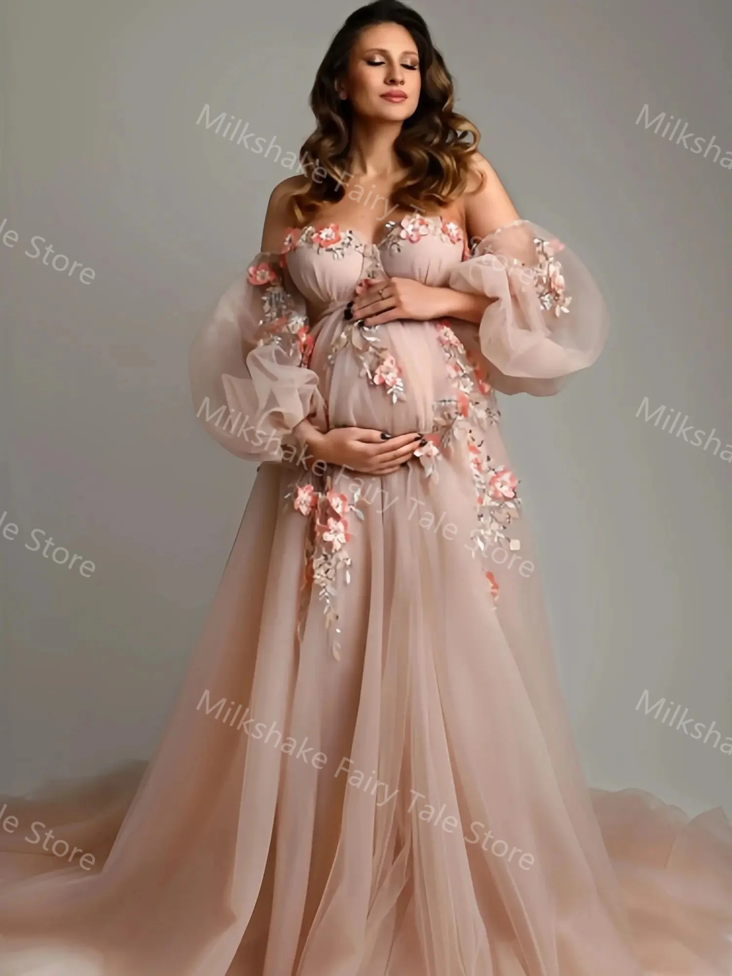 Charming Pink Maternity Robes Off Shoulder Sweep Train Long Sleeves Photography Dress Customized Appliques Pregnant Women Gowns