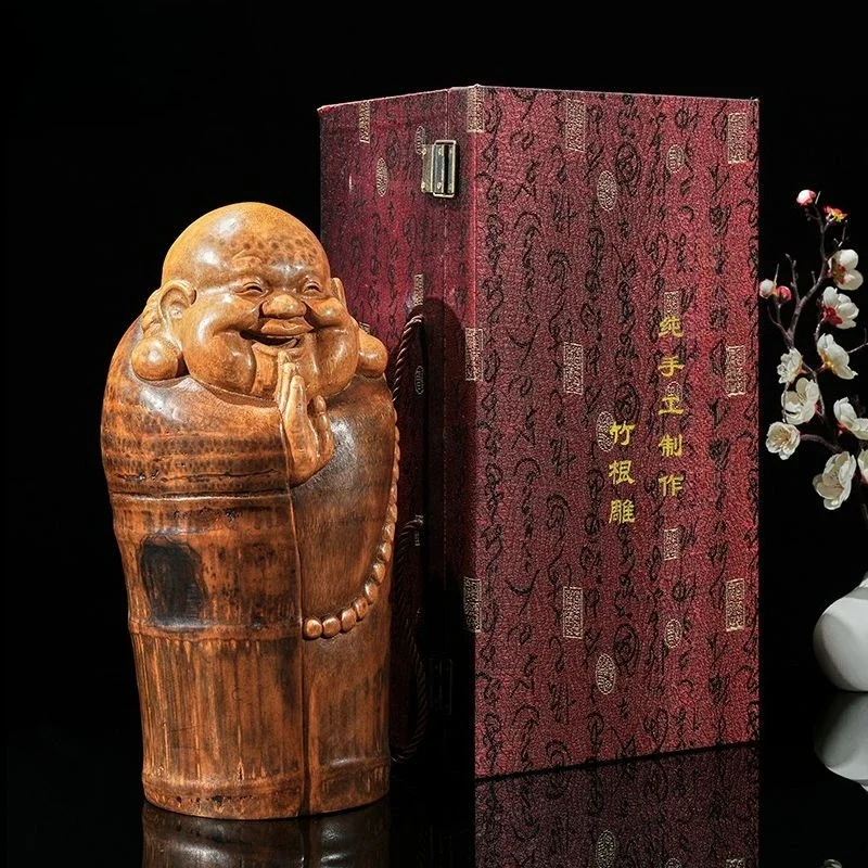 Solid bamboo root carving Maitreya Buddha ornament Home decoration Tea room bamboo carving