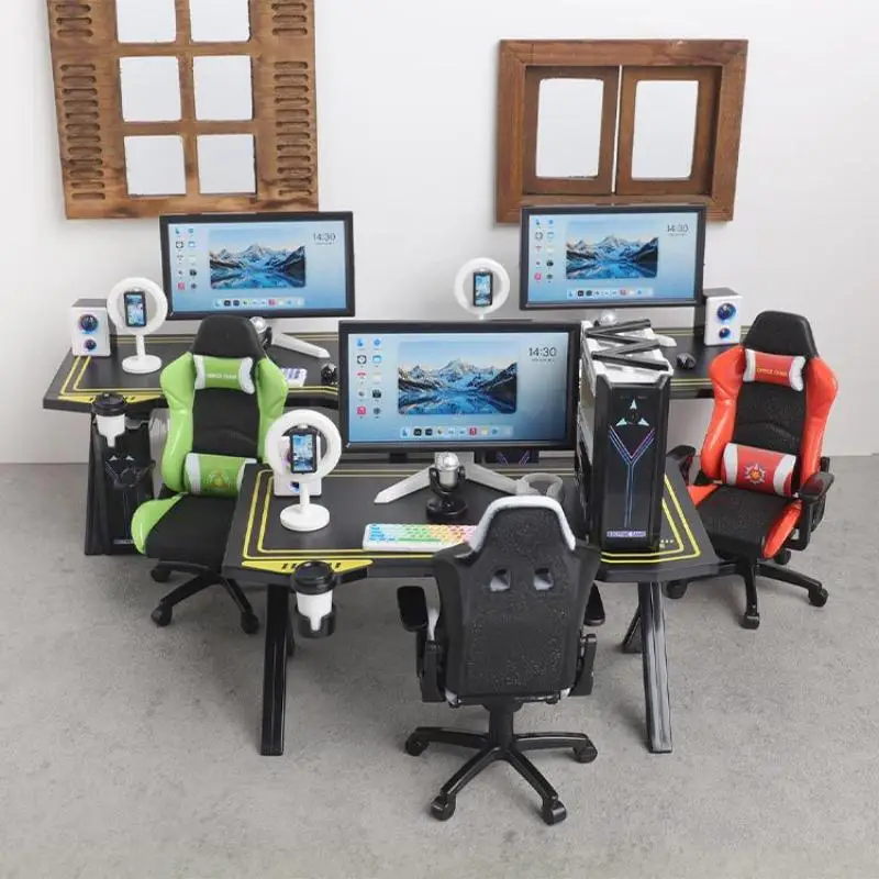 【M】Mini Gaming Desk Chair Set Dollhouse Computer Table Monitor Host Model Dollhouse Realistic DIY Furniture Collectible Toy Gift