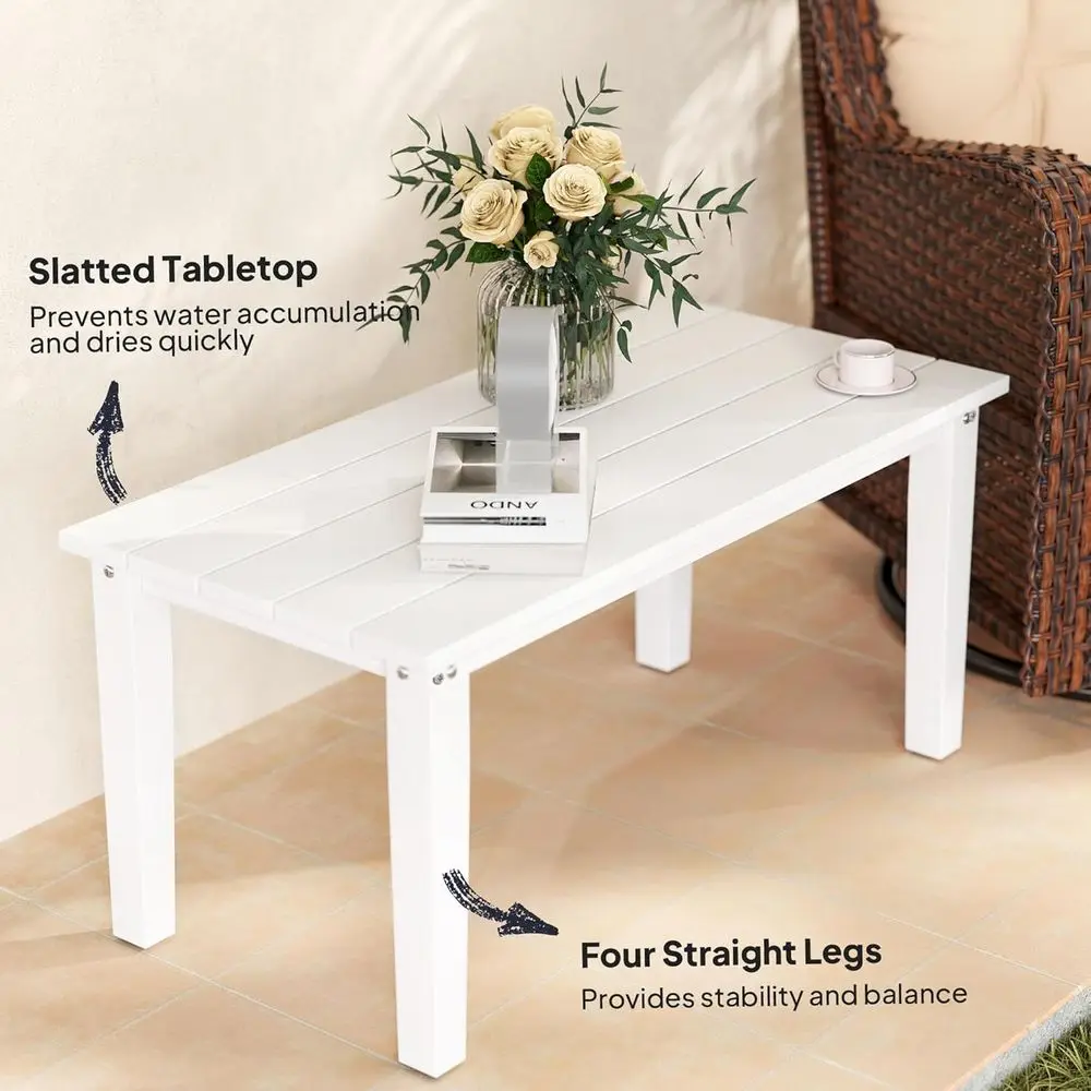 طاولة قهوة مستطيلة الشكل HDPE مقاومة للطقس مع سطح شرائحي للمساحات الخارجية باللون الأبيض