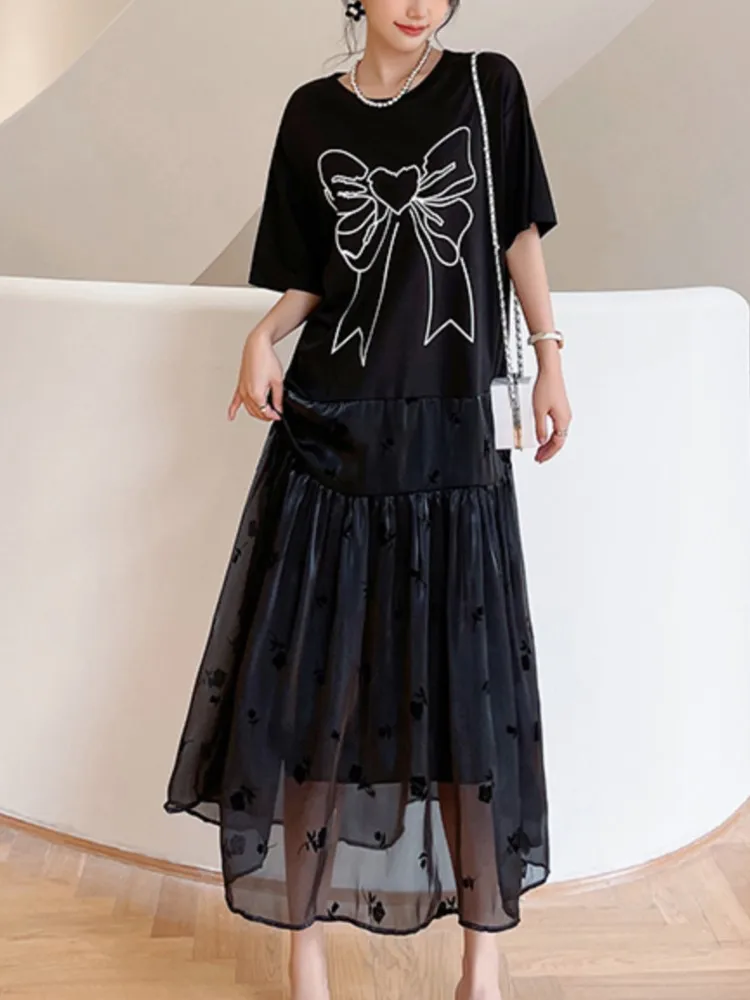 Plus Size Summer Mesh Pleated Dress Women Patchwork Elegant Loose Korean Long Woman Dress Ladies Dresses Vestidos