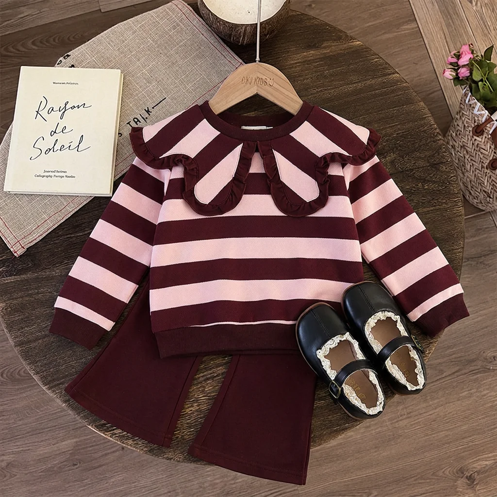 Spring and Autumn Fashion Casual Collar Striped Long Sleeve Top+Split Micro Pull Long Pants Two Piece Set Korean Version