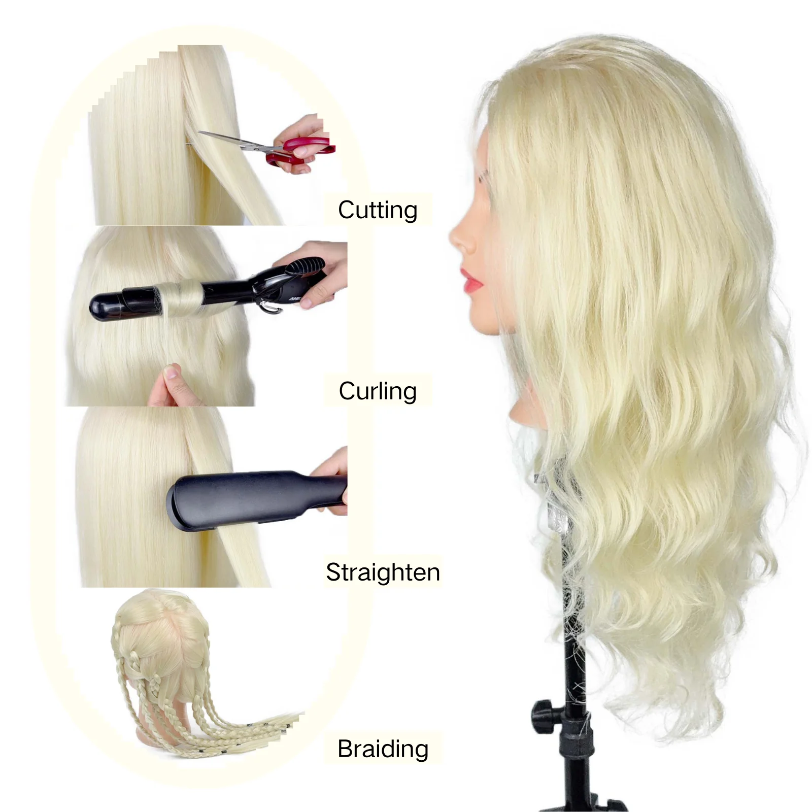 Tête de mannequin avec 70% de vrais cheveux, 24 pouces, coiffure blonde, cosmétologie, tête de pratique de formation