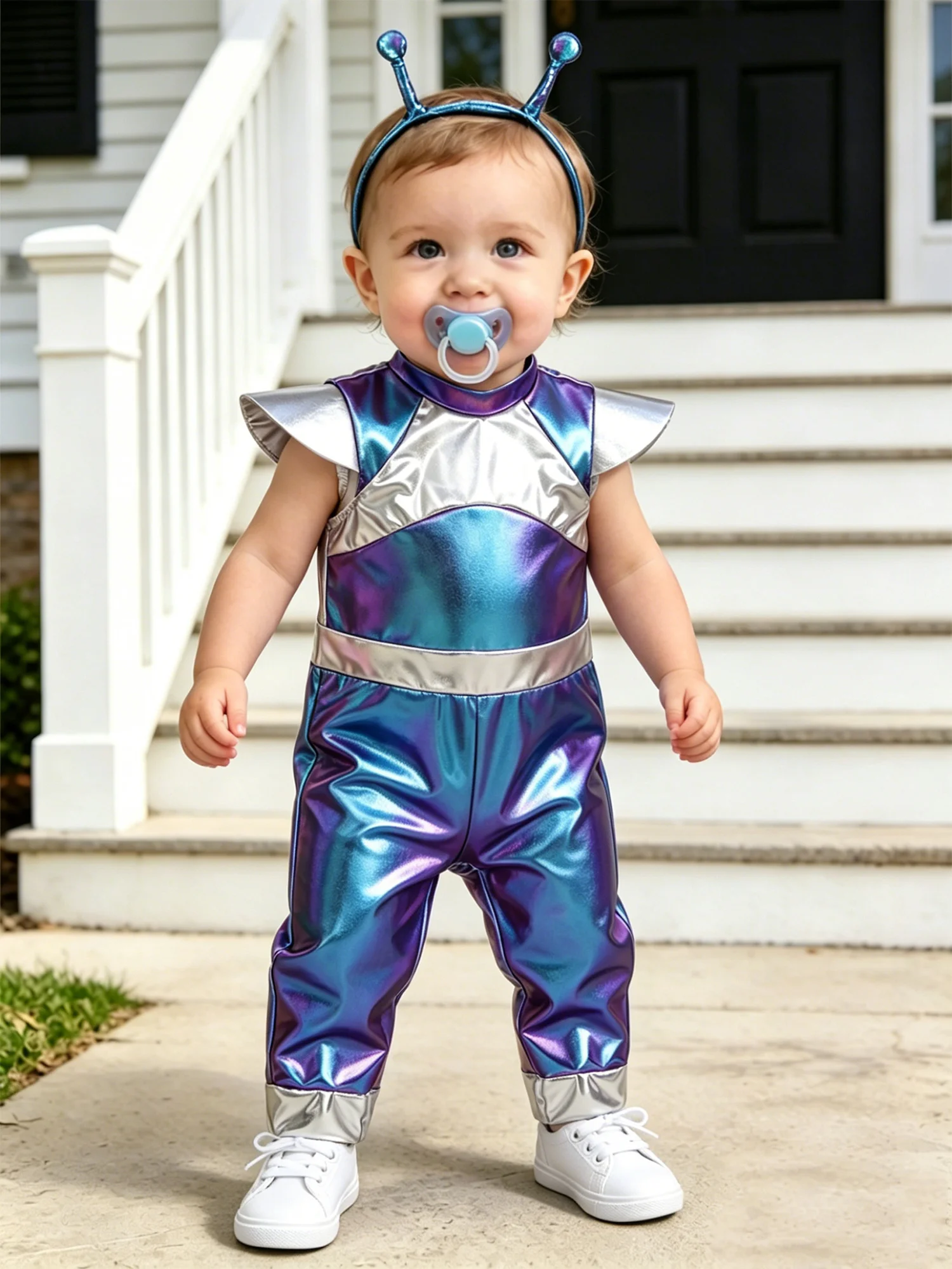 Toddler Baby Metallic Shiny Alien Rompers Space Robot Astronaut Dress Up Costume for Halloween Theme Party Birthday Photography