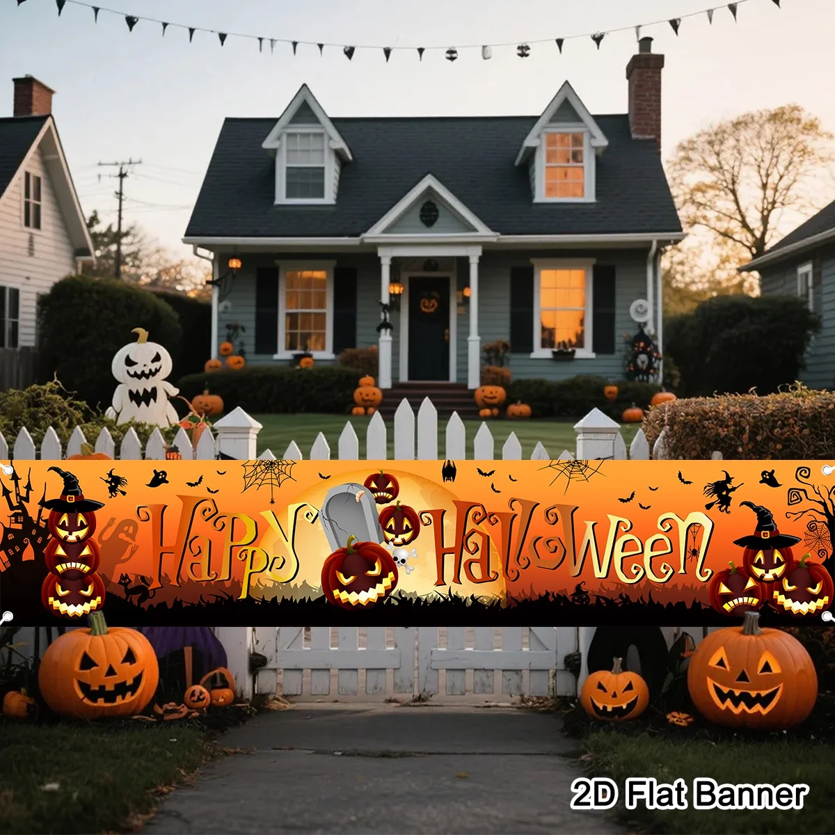 200x40cm Halloween Polyester Banner Orange Spooky Pumpkin Pattern Backdrop with Holes Rope Home 2026 Halloween Party Decoration
