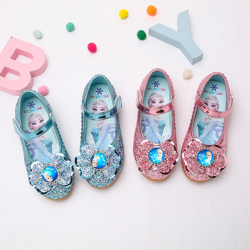 Disney Frozen Princess Elsa Cartoon Soft Sole Sandals Baby Girl Princess Shoes Crystal Shoes Children Flat Girl Leather Shoes