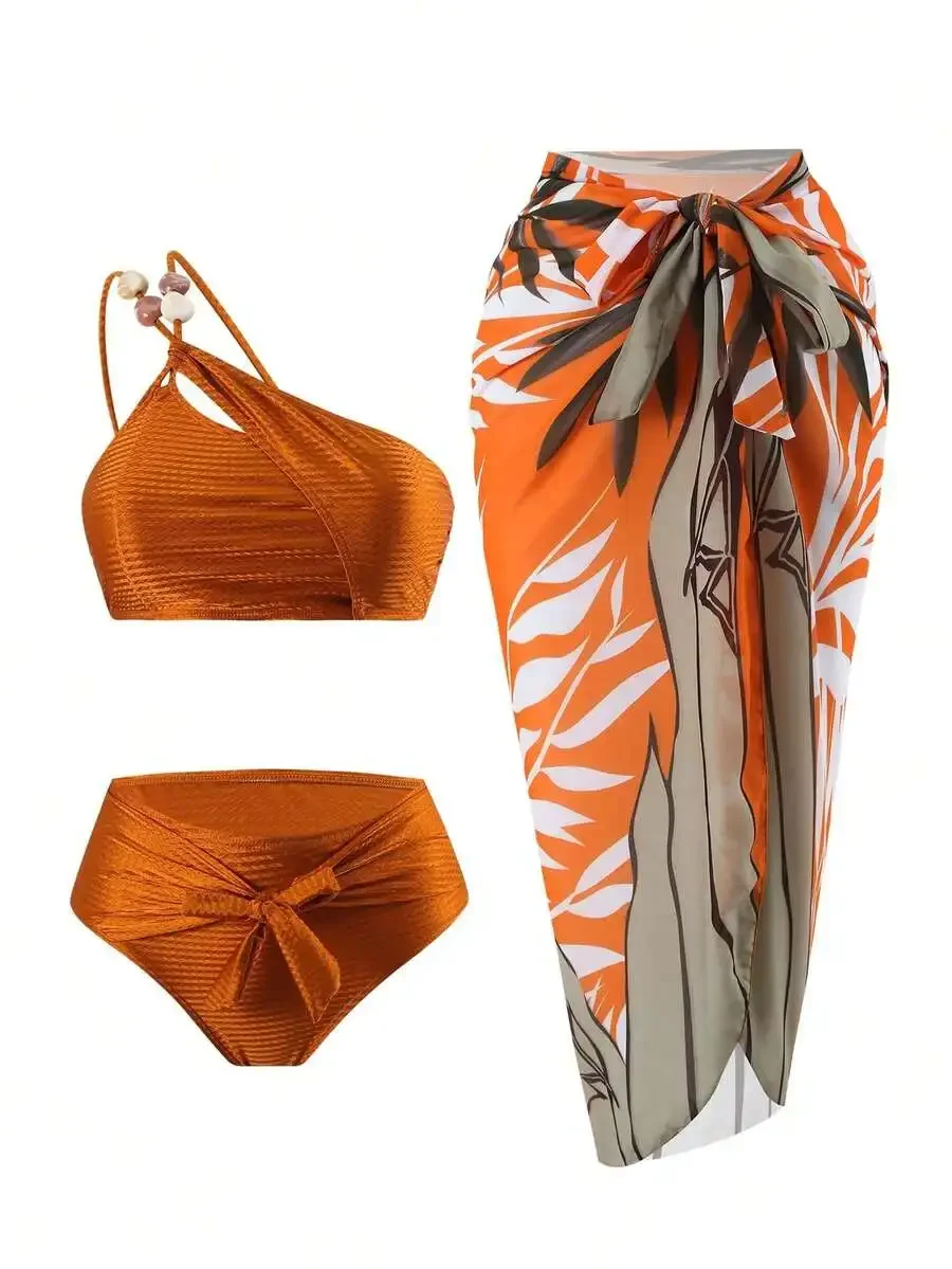 

3pcs Set Orange Tropical Print Bikini With Cover Up Skirt For Beach Pool Summer
