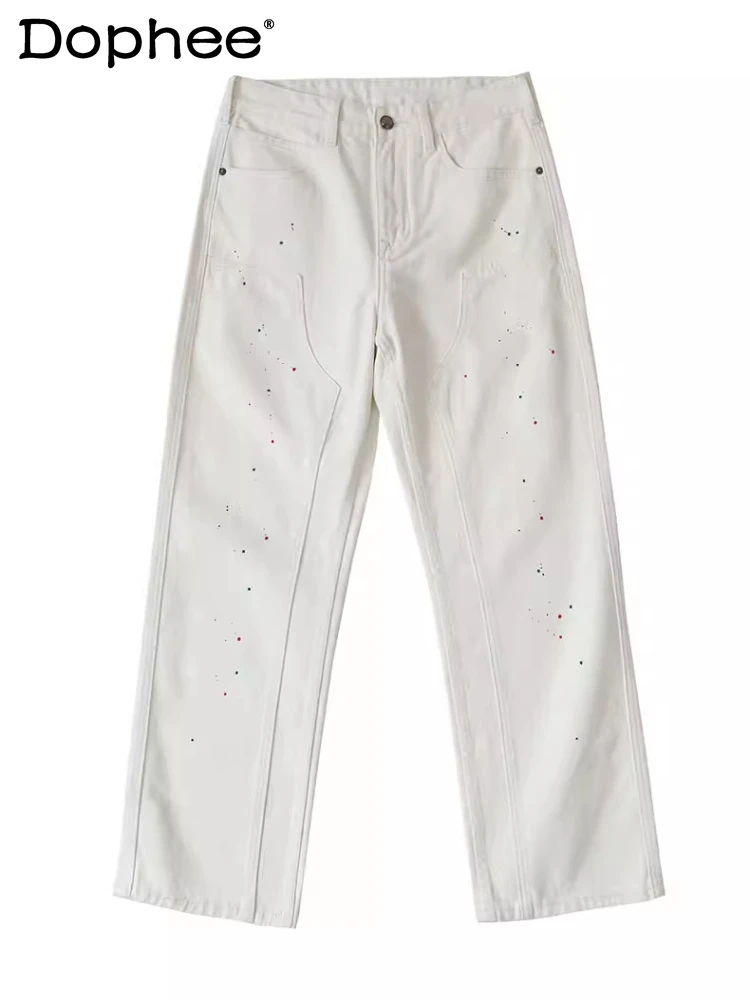 

Мужские джинсы прямого кроя весна 2026: комфортные, модные, в стиле High Street, с эффектом брызг краски и граффити, с элементами пэчворка