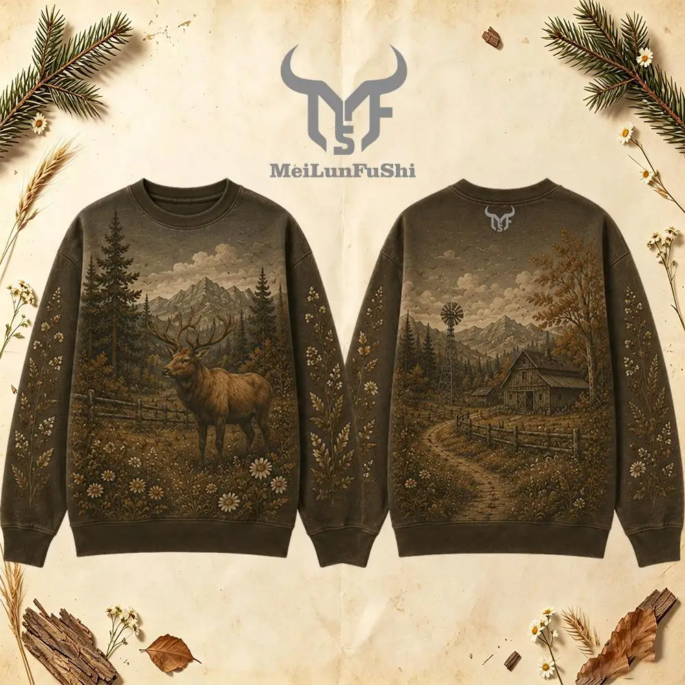 Vintage Wilderness Wildlife Graphic Crew Neck Sweatshirt Men Outdoor All Over Print Pullover Men's And Women's Casual Streetwear