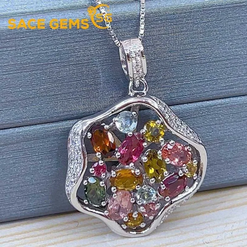 

SACE GEMS 925 Sterling Silver Certified 3*5MM 4*5MM Natual Tourmaline Pendant Necklace for Women Cocktail Party Fine Jewelry