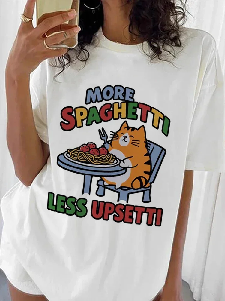 

Cute cartoon cat print round neck suitable for women's street fashion versatile style trendy summer new T-shirt