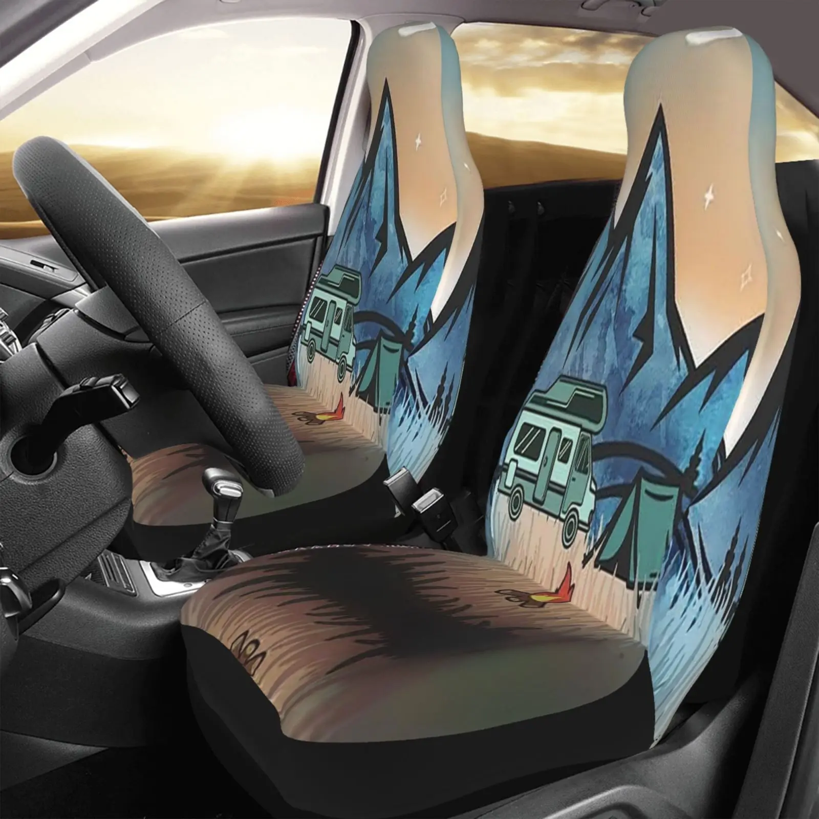 Mountain and Camping Printed Car Accessories Seat Cover Seat Cover Front Seat Full Set 2-piece Unisex Seat Protection Cover