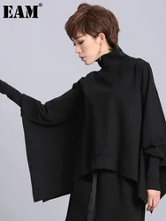 [EAM] Loose Fit Black Asymmetrical Big Size Sweatshirt New Turtleneck Long Sleeve Women Big Size Fashion Tide Spring 2024 OA869