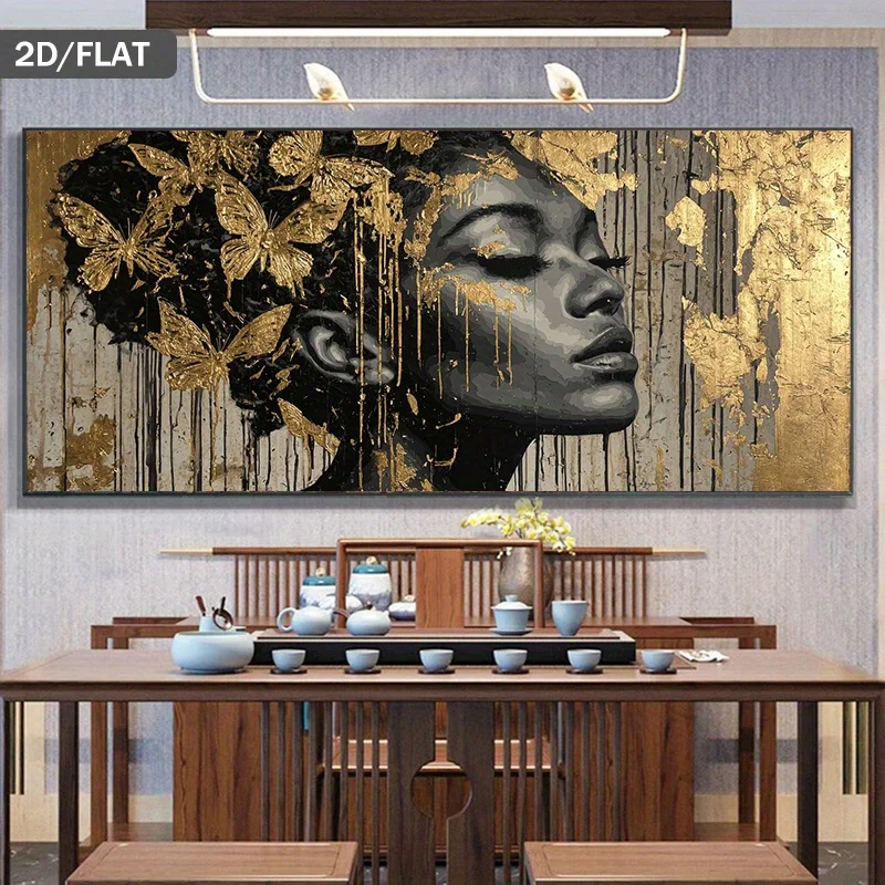 

2D Flat,Frameless Modern Abstract Portrait of A Woman on Canvas,Elegant Female Face with Golden Butterflies,Living Room Decor
