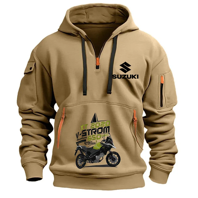 

Suzuki Men's Hoodie Sweatshirt Autumn/Winter Street Style, Outdoor Casual Sports Motorcycle Multi-Pocket Half-Zip Printed Hoodi