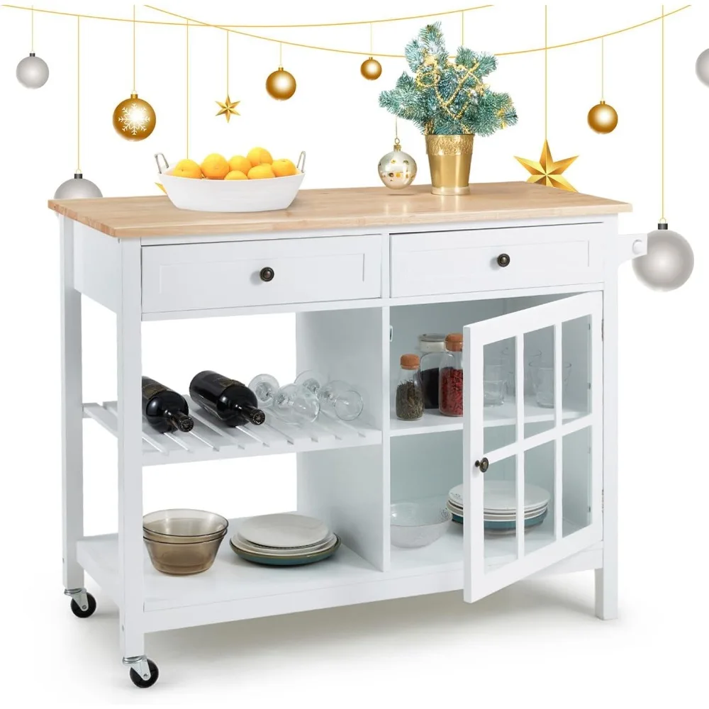 

Rolling Storage Cabinet Station with Solid Wood Top, 2 Drawers, Towel Rack, Open Display Shelf
