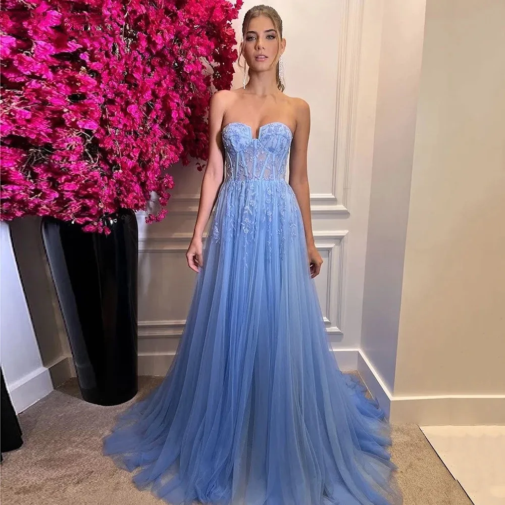 

Sweet Sky Blue Prom Dresses Lace Illusion Exposed Boning Formal Evening Gowns Strapless Zip Back Tulle Wedding Party 2023