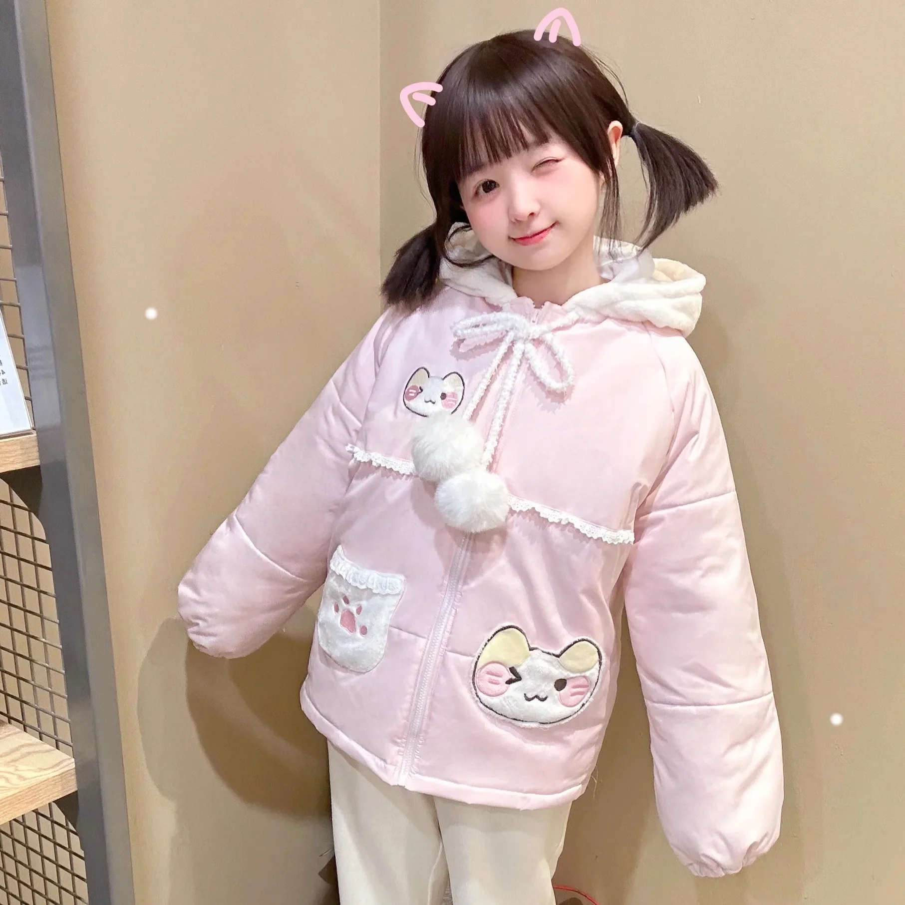 Original Japanese Pink Lolita Cotton Padded Coat Female Cute Sweet Soft Girl Kawaii Hooded Parkas Winter Warm Thickened Jacket