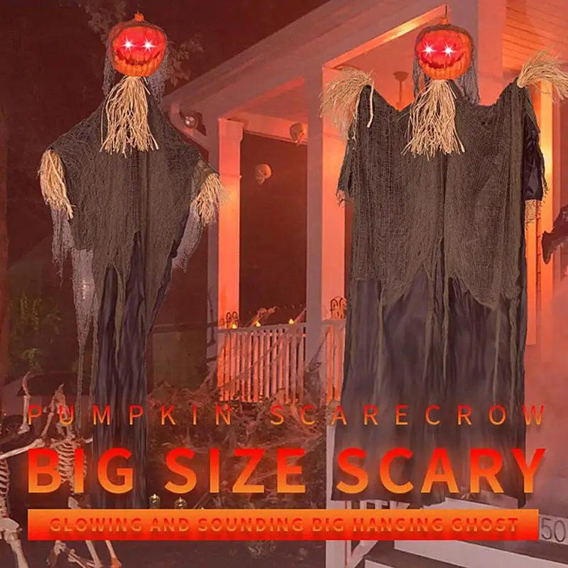 

2023 Halloween Hanging Pumpkin Scarecrow With Glowing Eyes Scary Voice Ghost House Pumpkin Head Props Decoration