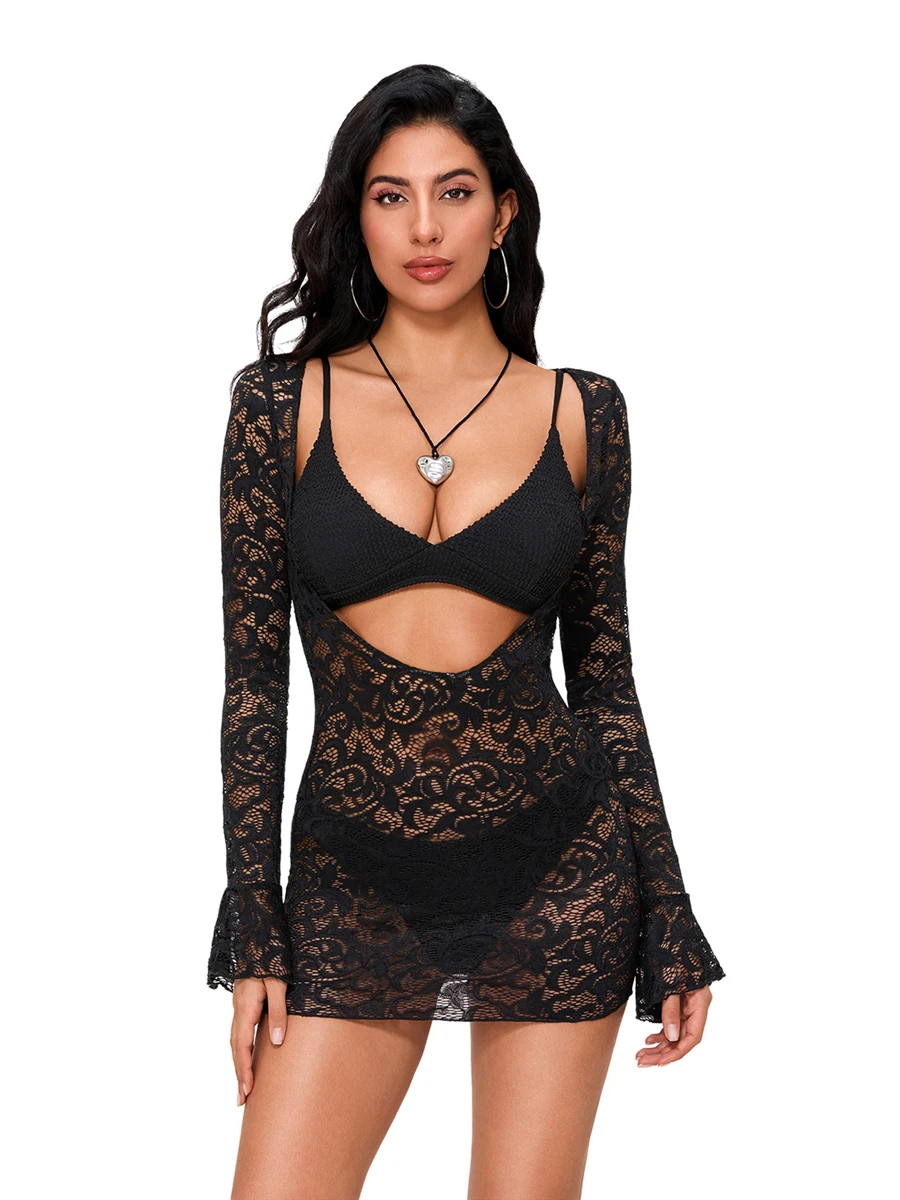 Женское кружевное мини-облегающее платье, сетчатое прозрачное платье с длинными расклешенными рукавами и глубоким v-образным вырезом