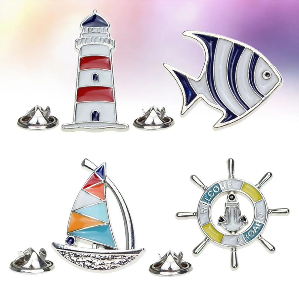 

4pcs One Set Woman Creative Mediterranean Style Sailing Lighthouse Metal Brooch Adorable Collar Pin Fashion Clothes Accessory (A