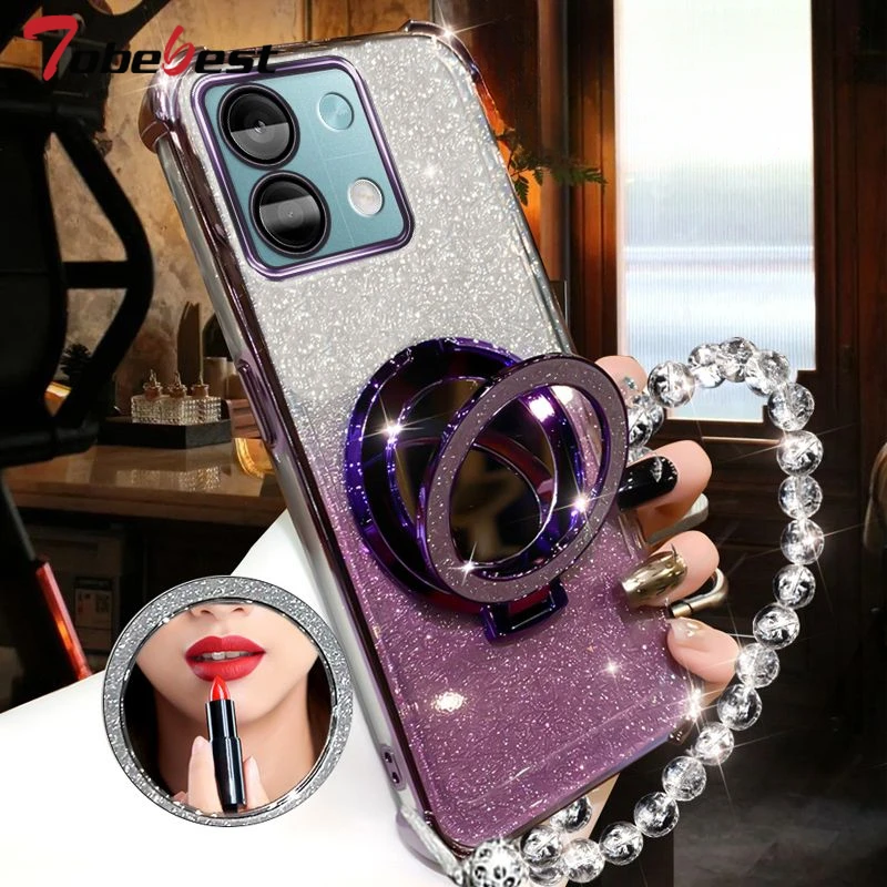 Shockproof GLITTER Plating Crystal Bracelet Magsafe Phone Holder Case For Xiaomi Redmi Note 13 Pro 13R 4G 5G Cover