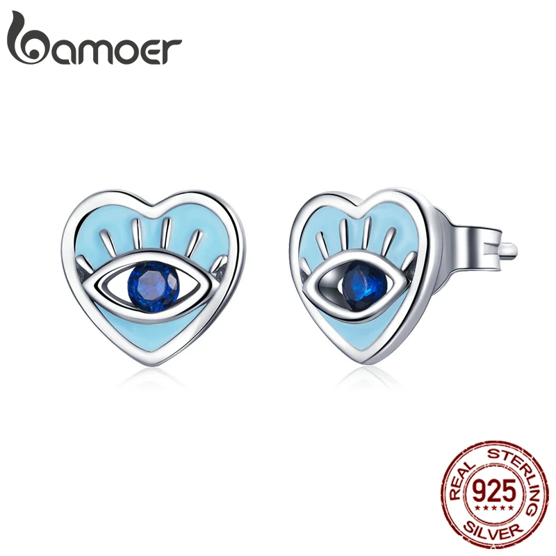 

bamoer Silver Devil Eye Earrings Western Mythical Blue Zircon Heart Shape 925 Sterling Silver Earrings Jewelry for Women SCE1134