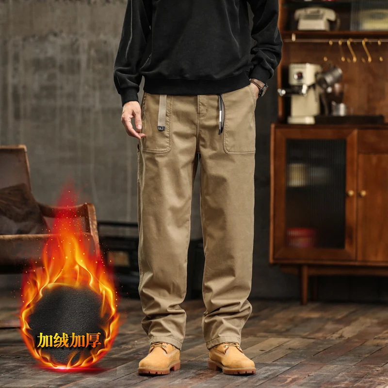 2025 خريف شتاء جديد سراويل تقليدية رجالية حجم كبير بسيط متعدد الاستخدامات مستقيم الساق مبطنة بالصوف سميكة السراويل البضائع في الهواء الطلق #3